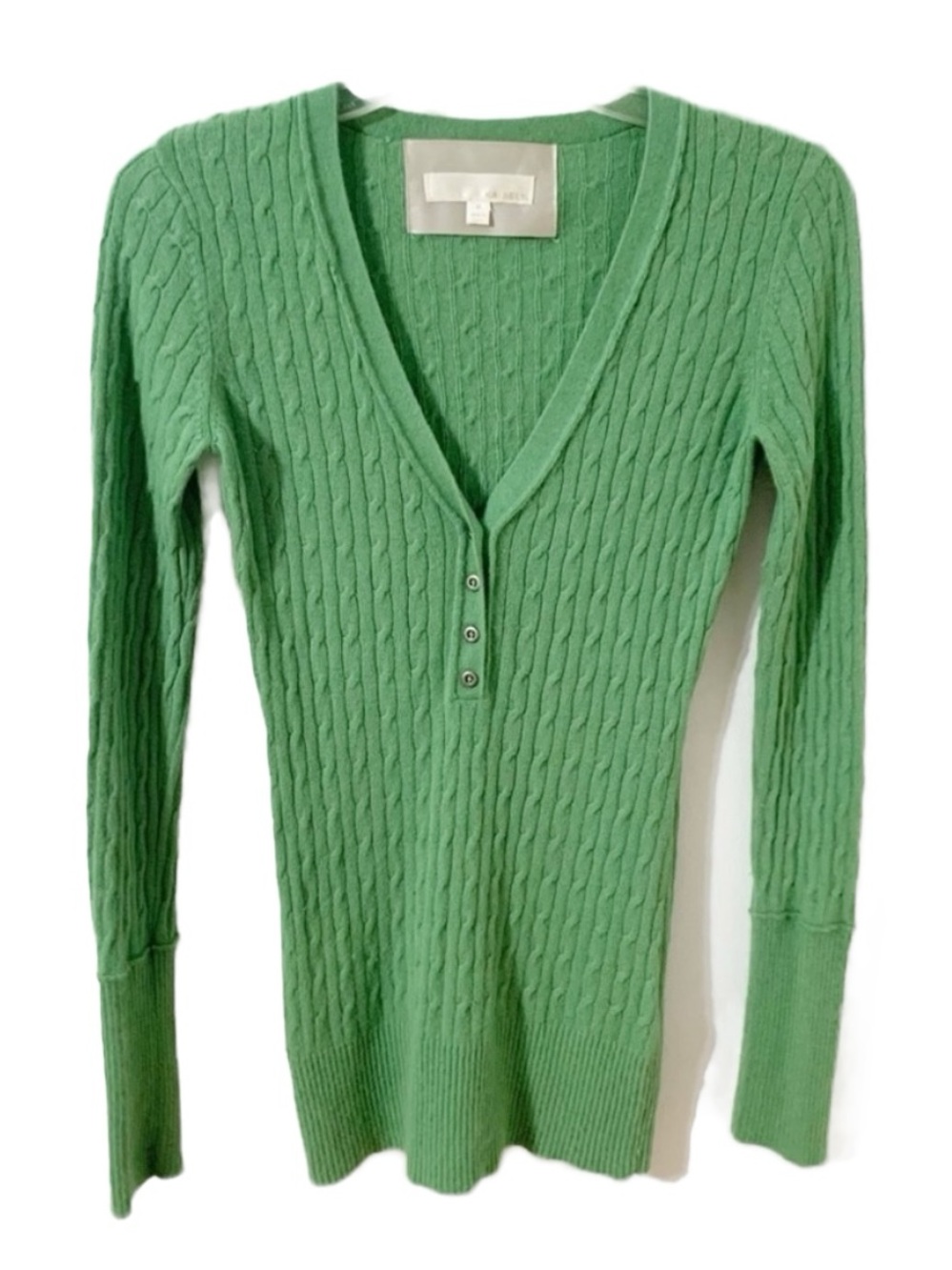 Kaisely Angora Lambswool Blend Green Cable Knit V-Neck Button Sweater Medium